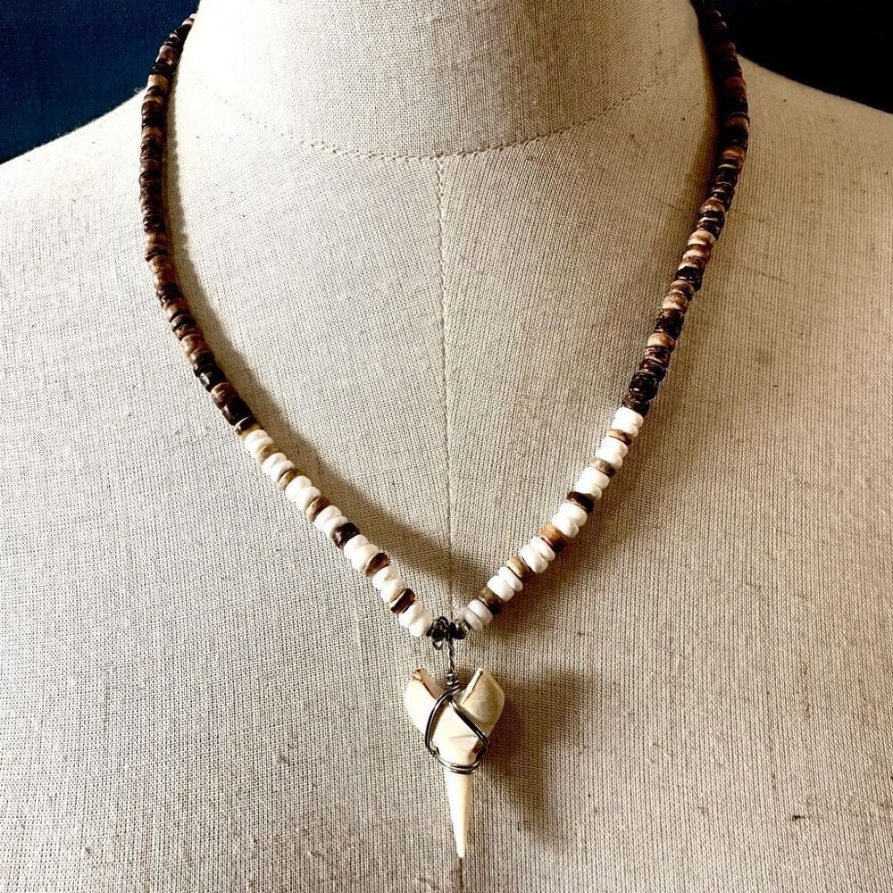 Shark tooth wood and shell beaded necklace